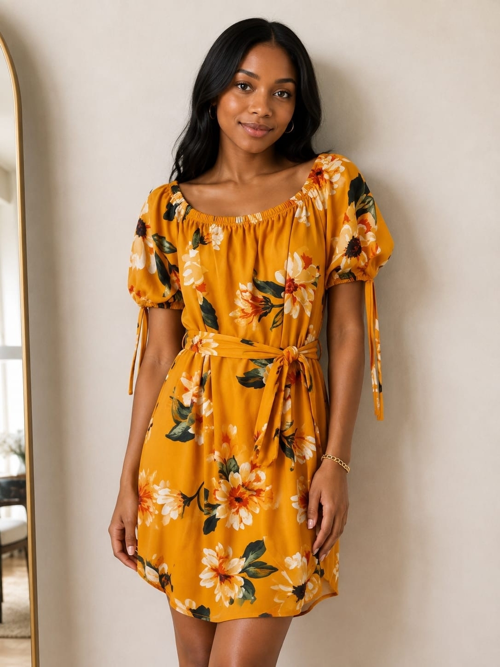 Mustard Floral Puff-Sleeve Tie-Waist Dress